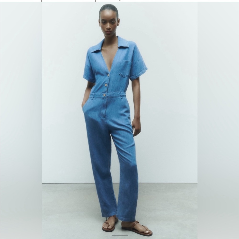 Zara Z1975 Long Denim Blue Jumpsuit - Picture 2 of 7